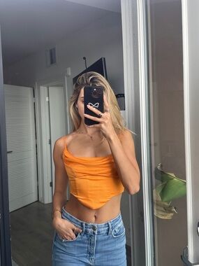 Women's Orange Satin Draped Cowl Neck Crop Top